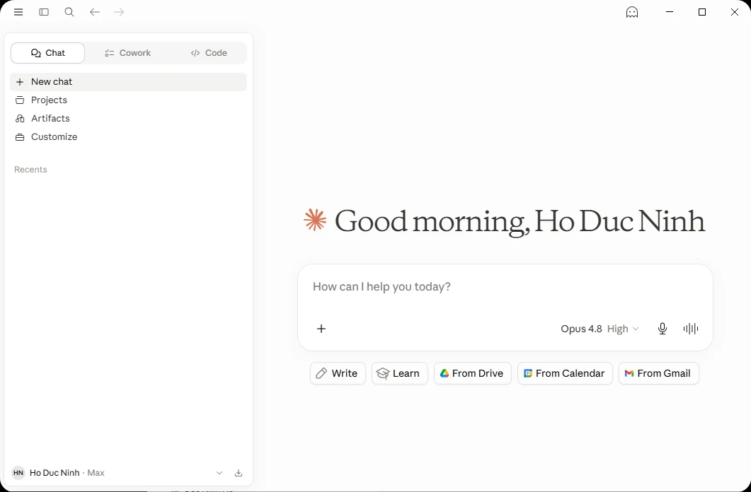 Cửa sổ Claude Desktop mở ở tab Cowork — trên cùng là 3 tab Chat / Cowork / Code, sidebar trái có "+ New session" và danh sách Project, ô chat ở giữa.