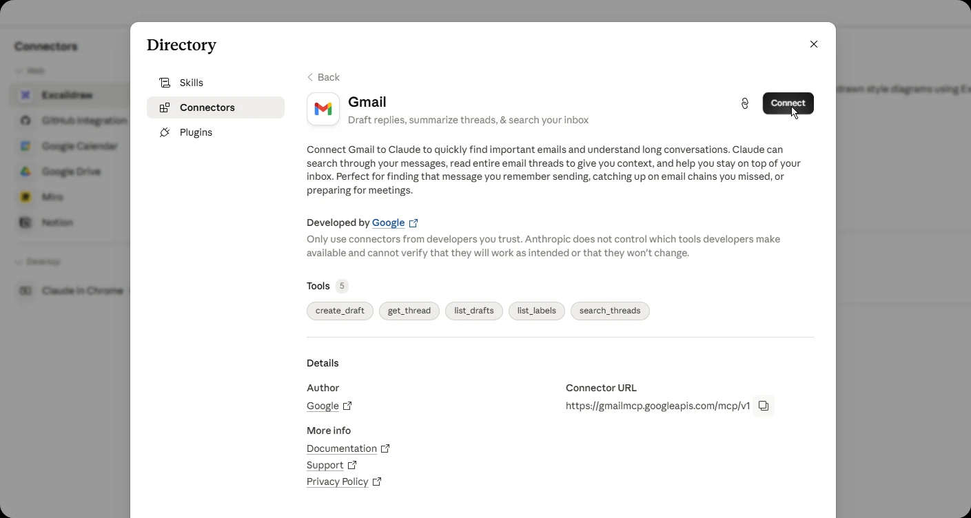 Giao diện Directory của Gmail connector trong Cowork — nút "Connect" cùng đúng 5 tool xin cấp: create_draft, get_thread, list_drafts, list_labels, search_threads. Có tạo nháp và đọc, KHÔNG có tool gửi (send).